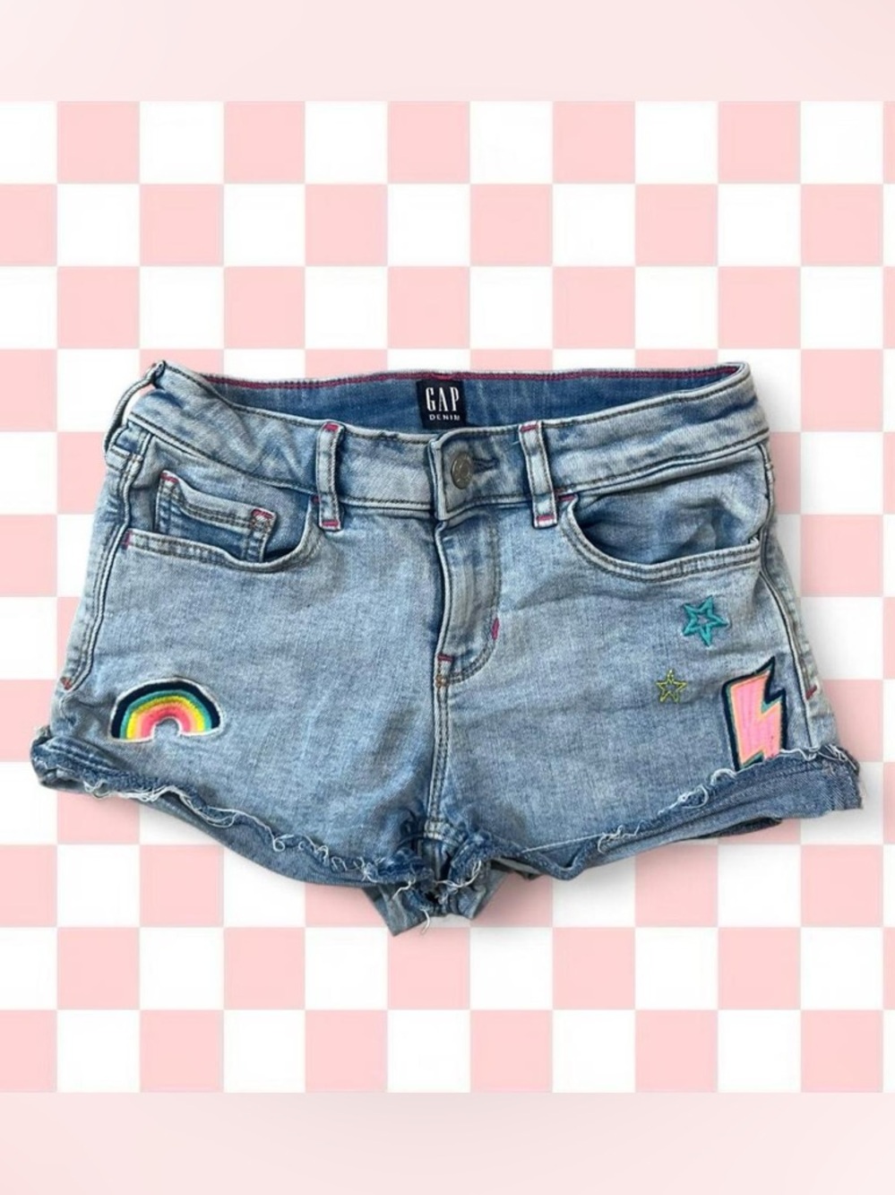 GAP Light Blue Denim Shortie Shorts with Pink Topstitch